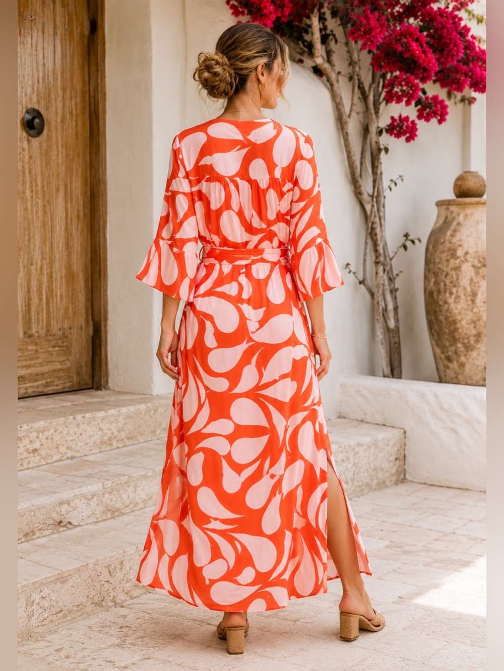 Escapada Coral Floral Belted Maxi Dress M Flutter Sleeve Rayon - Picture 2 of 11